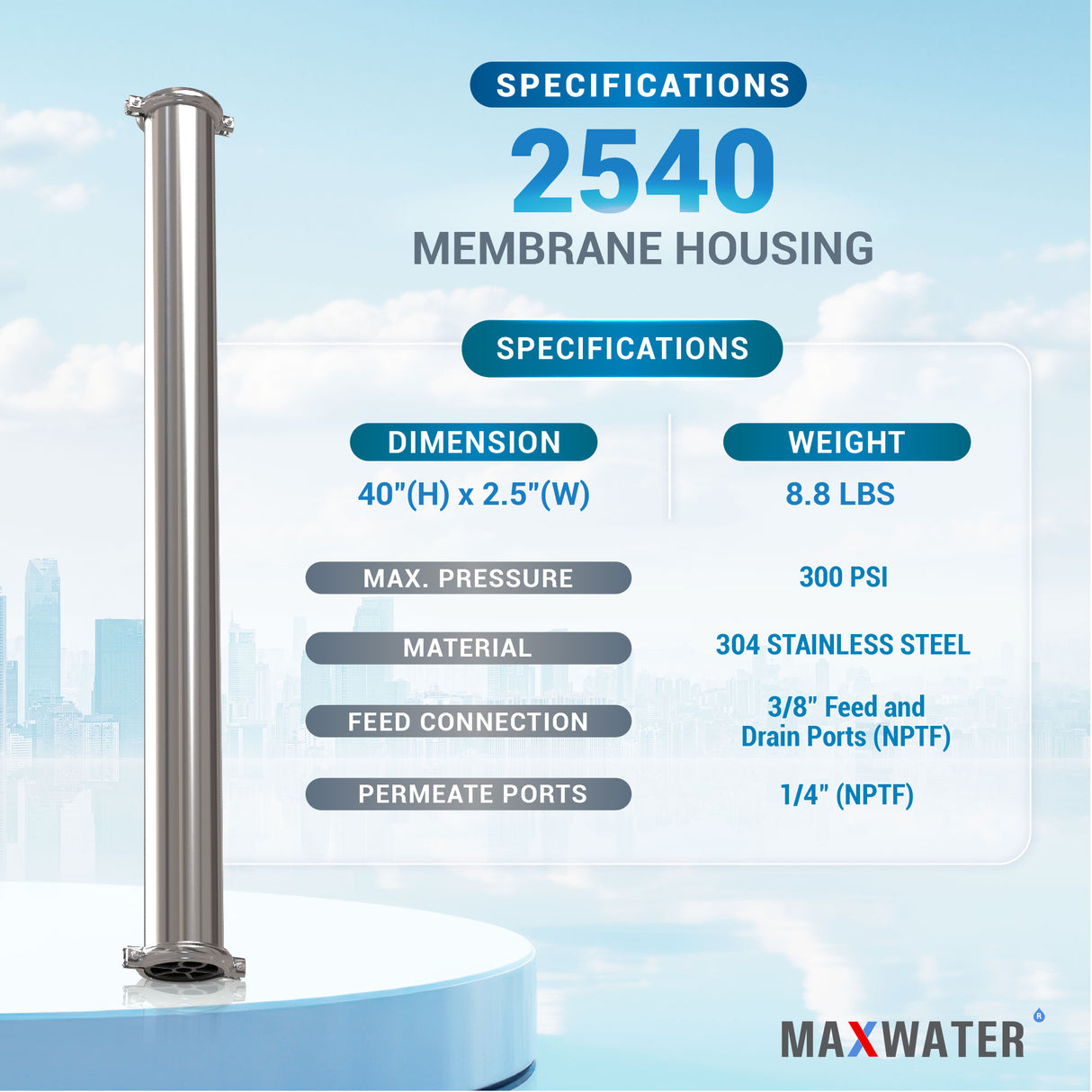 2.5-inch x 40-inch RO membrane housing used in water purification systems for efficient filtration