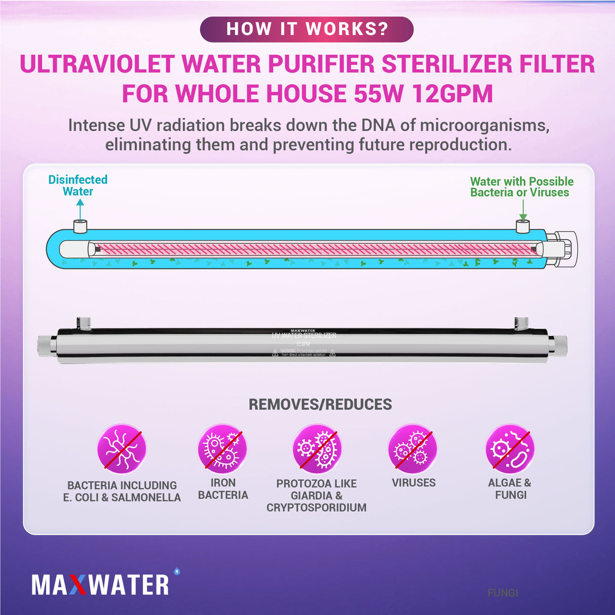 Ultraviolet Light Water Purifier 55W 12GPM - 1" Inlet/Outlet, Light and Audio Alarm Ballast