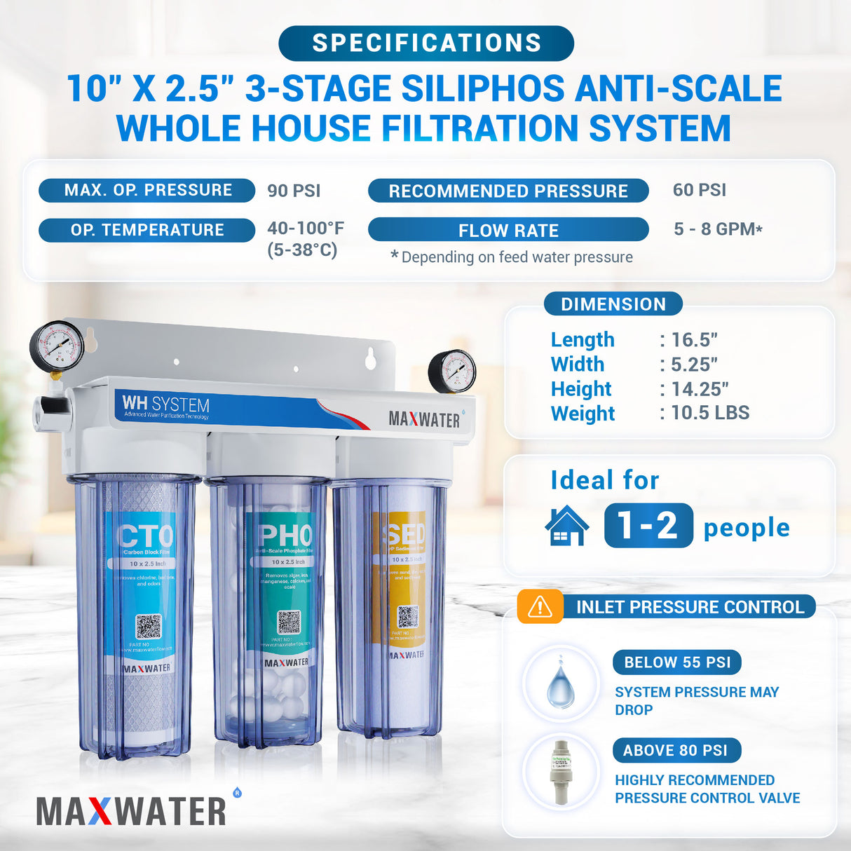Anti-scale 3-Stage Water Filtration System, 10” x 2.5" size