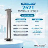 Close-up of a small RO membrane housing unit measuring 2.5 inches by 21 inches, suitable for residential water purification systems