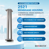 Detailed view of a small 2.5" x 21" RO membrane housing, vital in removing impurities from water in limited-space setups