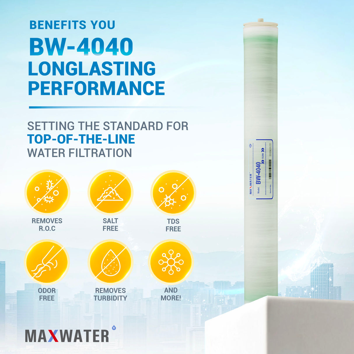 Enhance water purity in brackish conditions with Brackish Water's 4x40-inch BW RO membrane for commercial use.