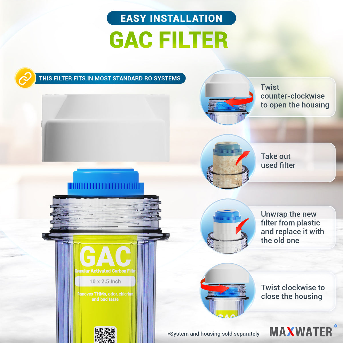 Gac Filetr GAC Filter Cartridge for RO System or Whole House System, Size - 10