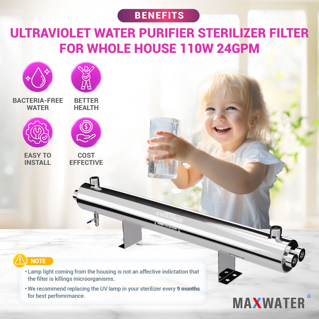 UV Light Water Filter Sterilizer, 110W, 24GPM - 1" Inlet/Outlet, Light and Audio Alarm Ballast