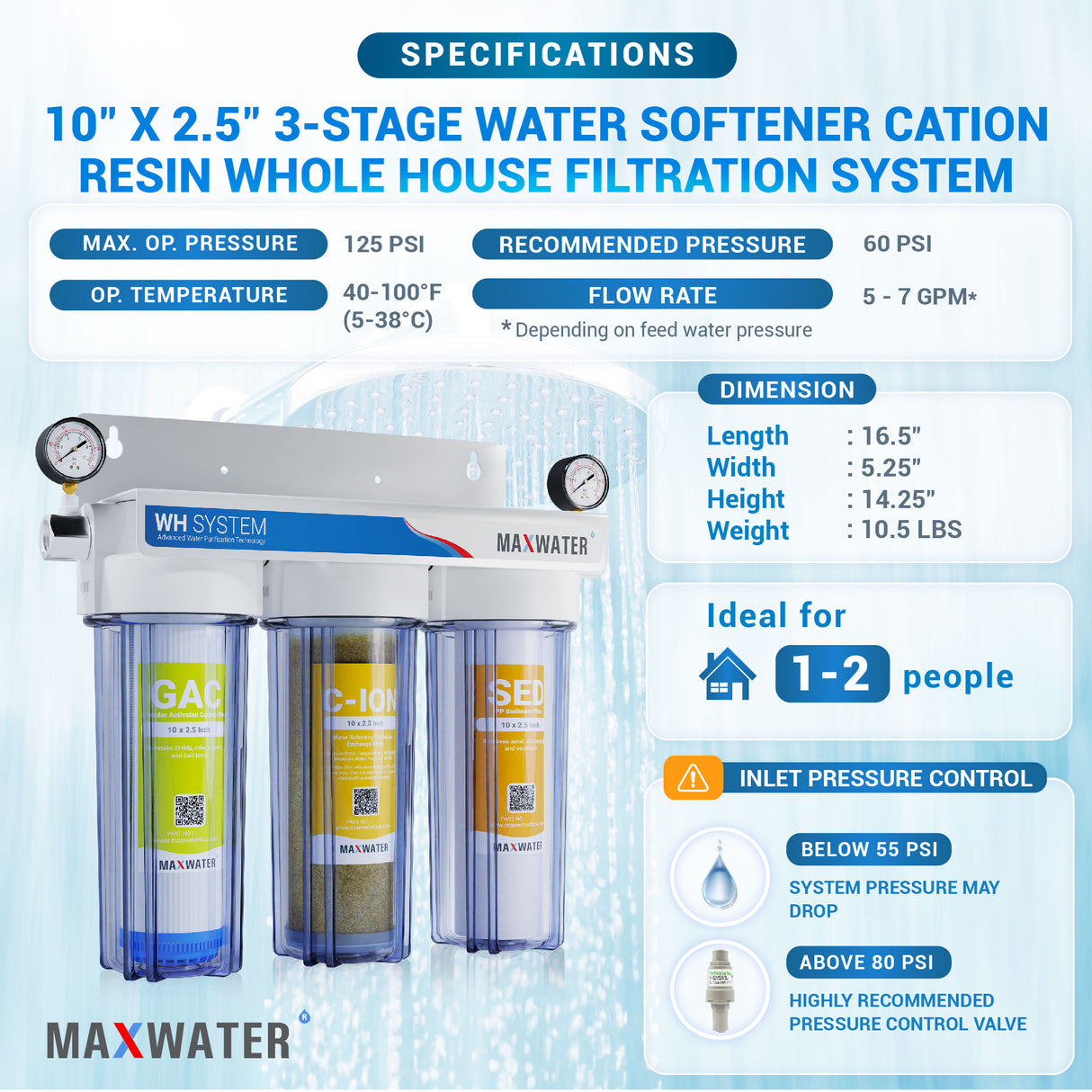 10” x 2.5" Whole House Water Softener with 3-Stage Cation Resin