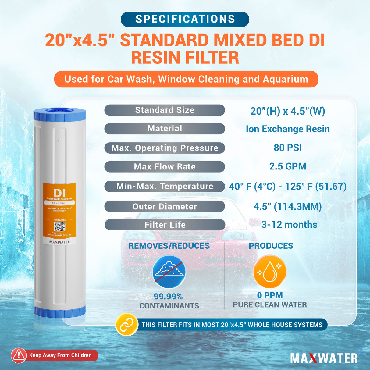 Mixed Bed De-Ionization (DI) Water Filter Cartridge for Car Wash System