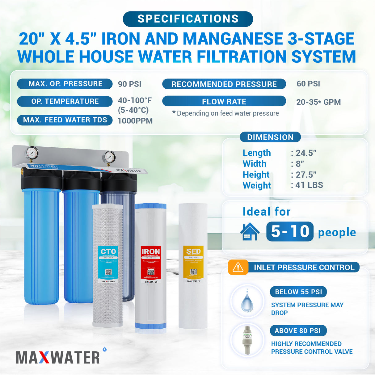 Iron & Manganese Reduction Whole House Water Filtration System, Size - 20" x 4.5", 1-Inch Inlet/Outlet